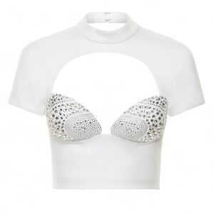 AREA Women's Crystal Embellished Bustier Top Large White Mock‎ Neck Stretch